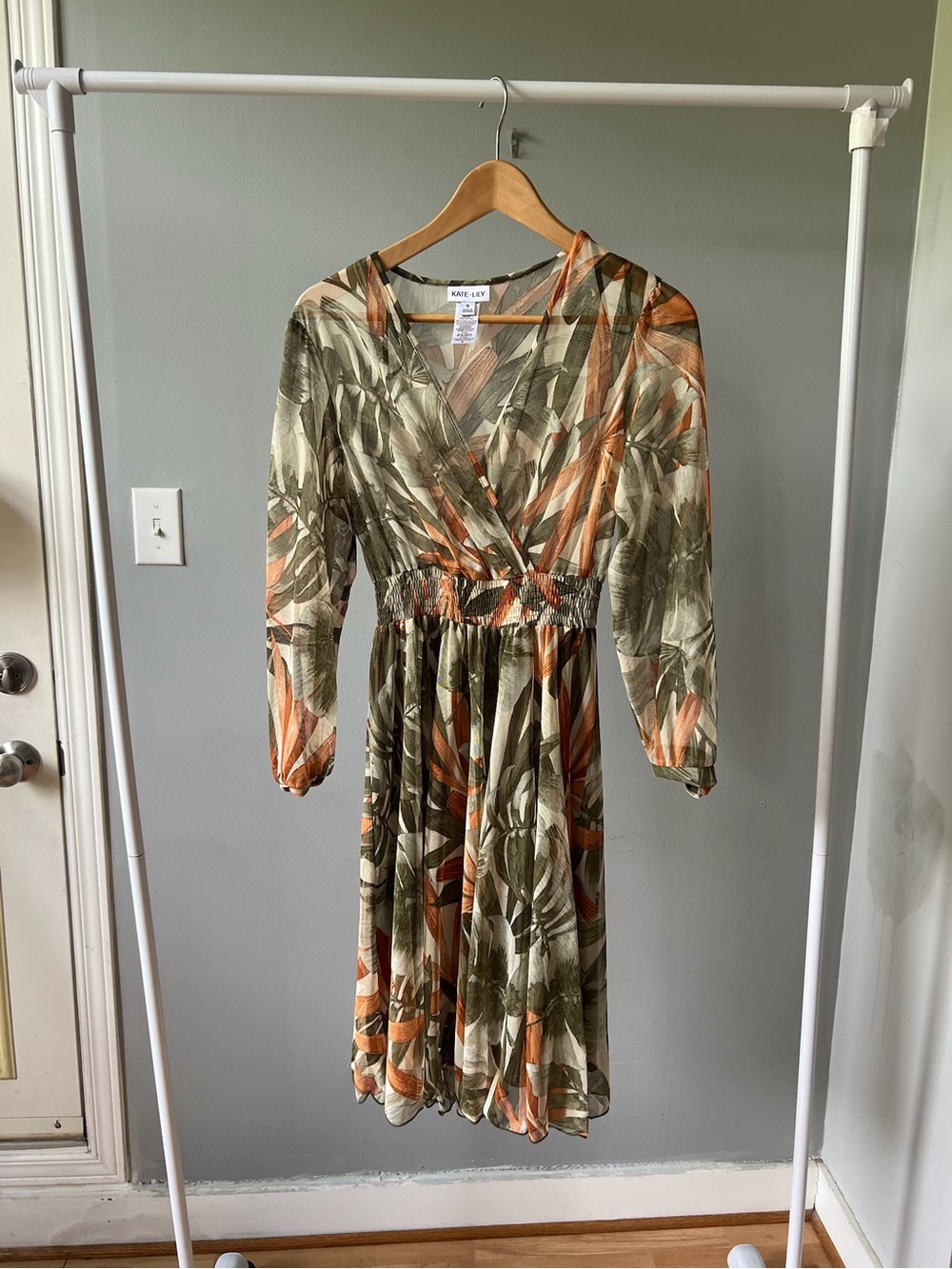 Kate Lily mesh Olive, Cream, Rust Tropical Print Wrap Midi Dress